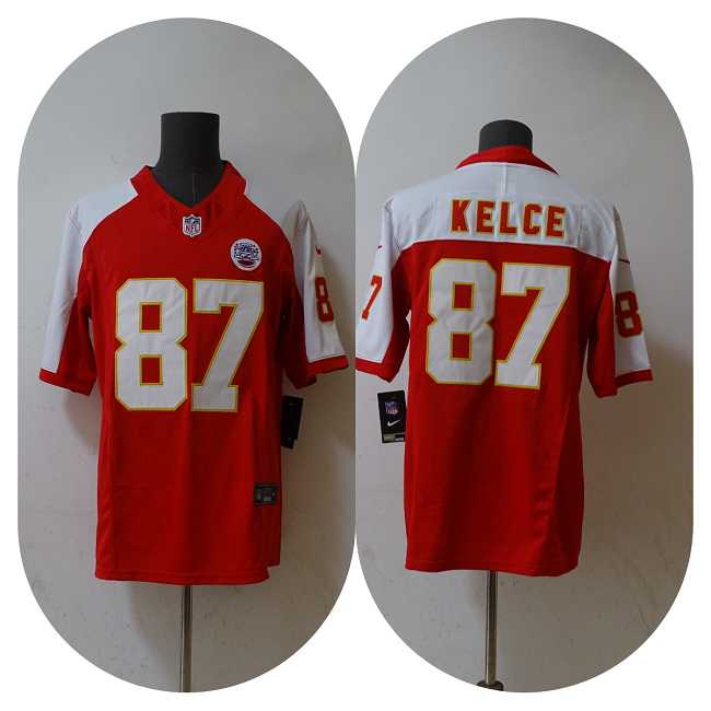 Mens Kansas City Chiefs #87 Travis Kelce Red White 2023 F.U.S.E. Vapor Untouchable Limited Football Stitched Jersey